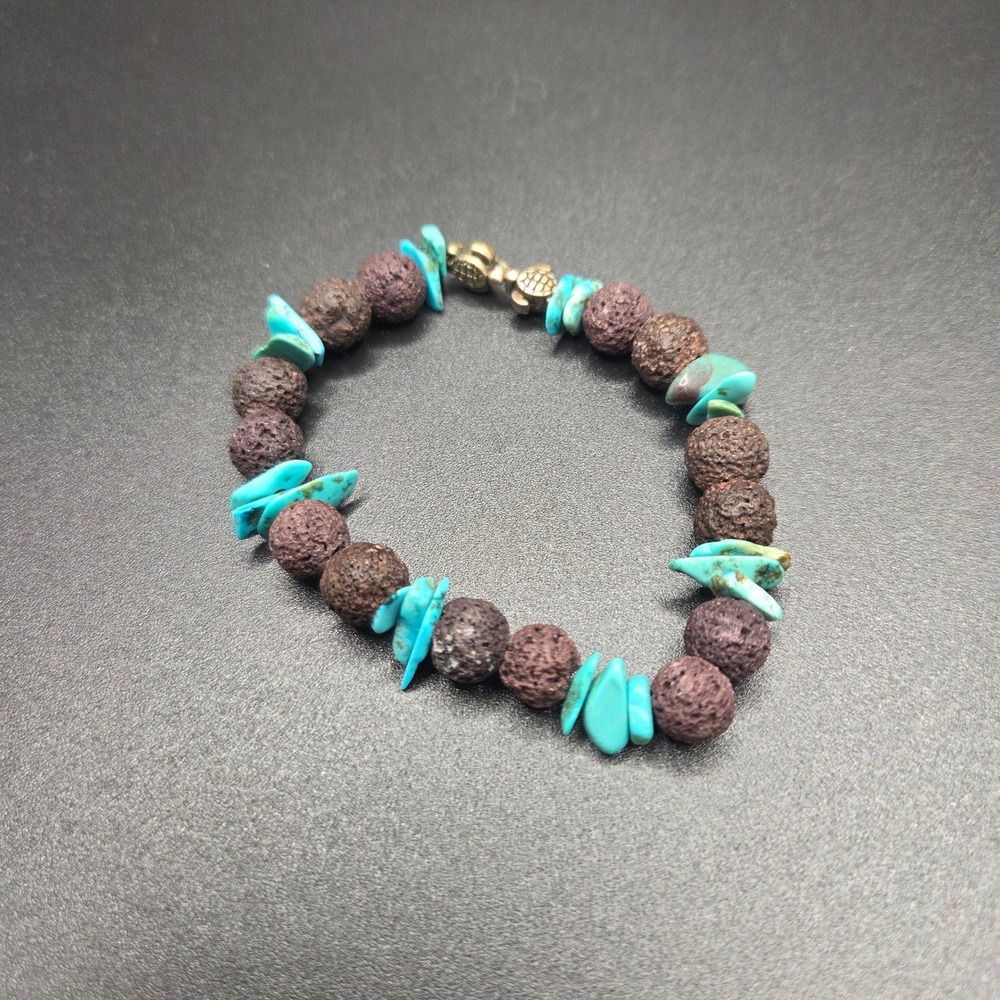 Unbranded Lava Rock Turquoise Chip Bracelet Turtle Charm OS Blue Brown Natural